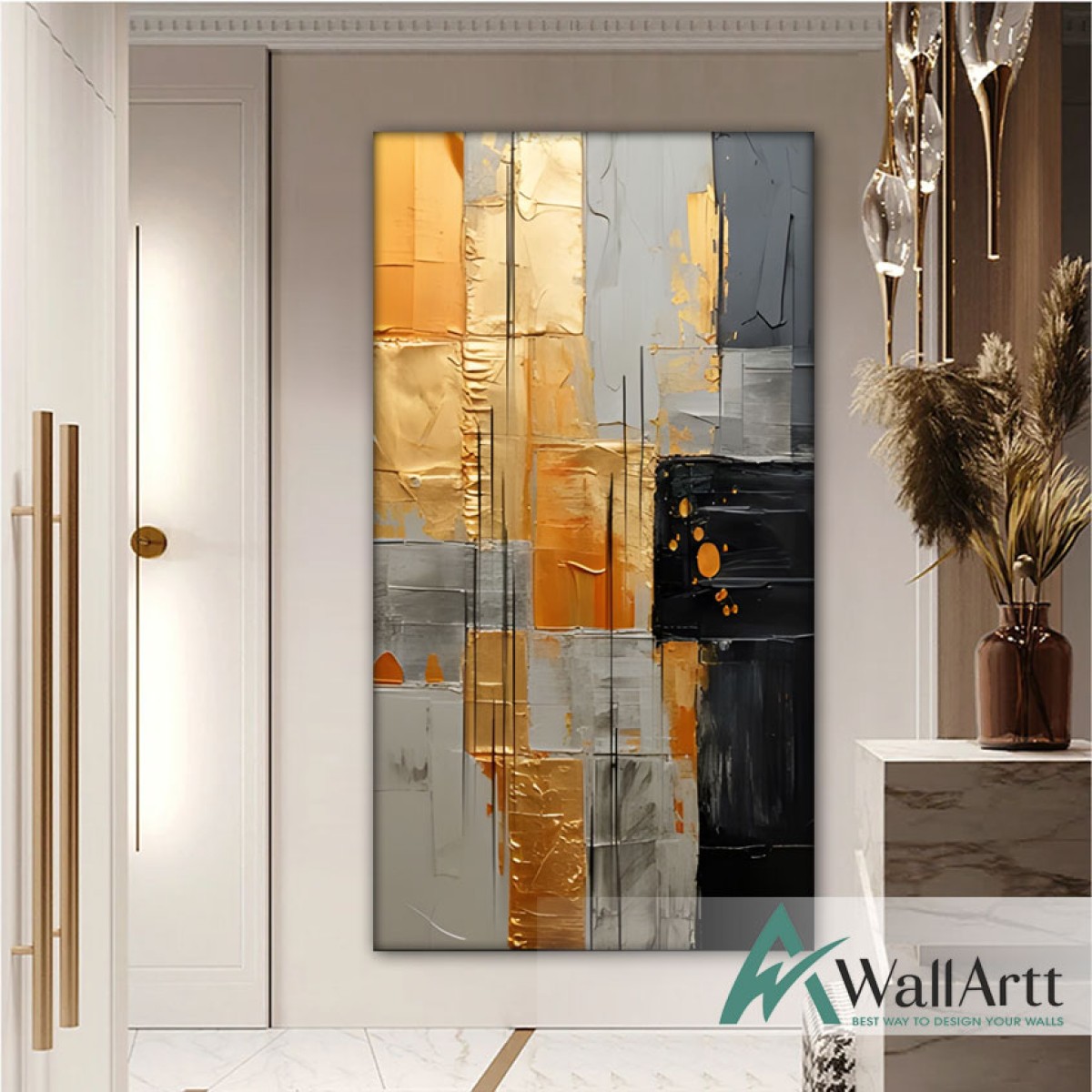 Gold Foil on Grey II Textured Partial Oil Painting - Wall Art